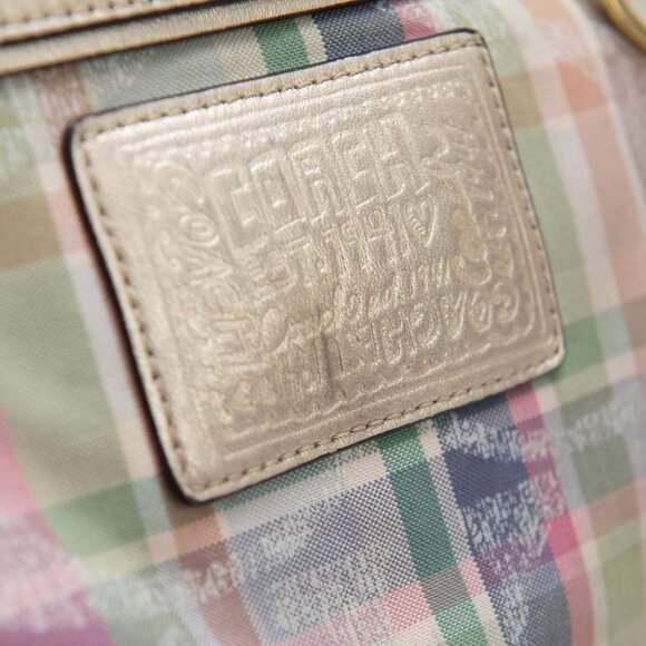 Coach Poppy Daisy Signature Madras Plaid Print Pink Rocker 2-Way Tote Bag Gold - Picture 7 of 13